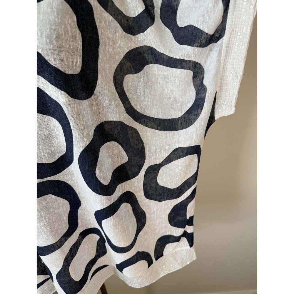 Made in Italy Linen Blend Tunic Top Navy White Abstract Circle Sequin Trim M/L - Picture 6 of 10